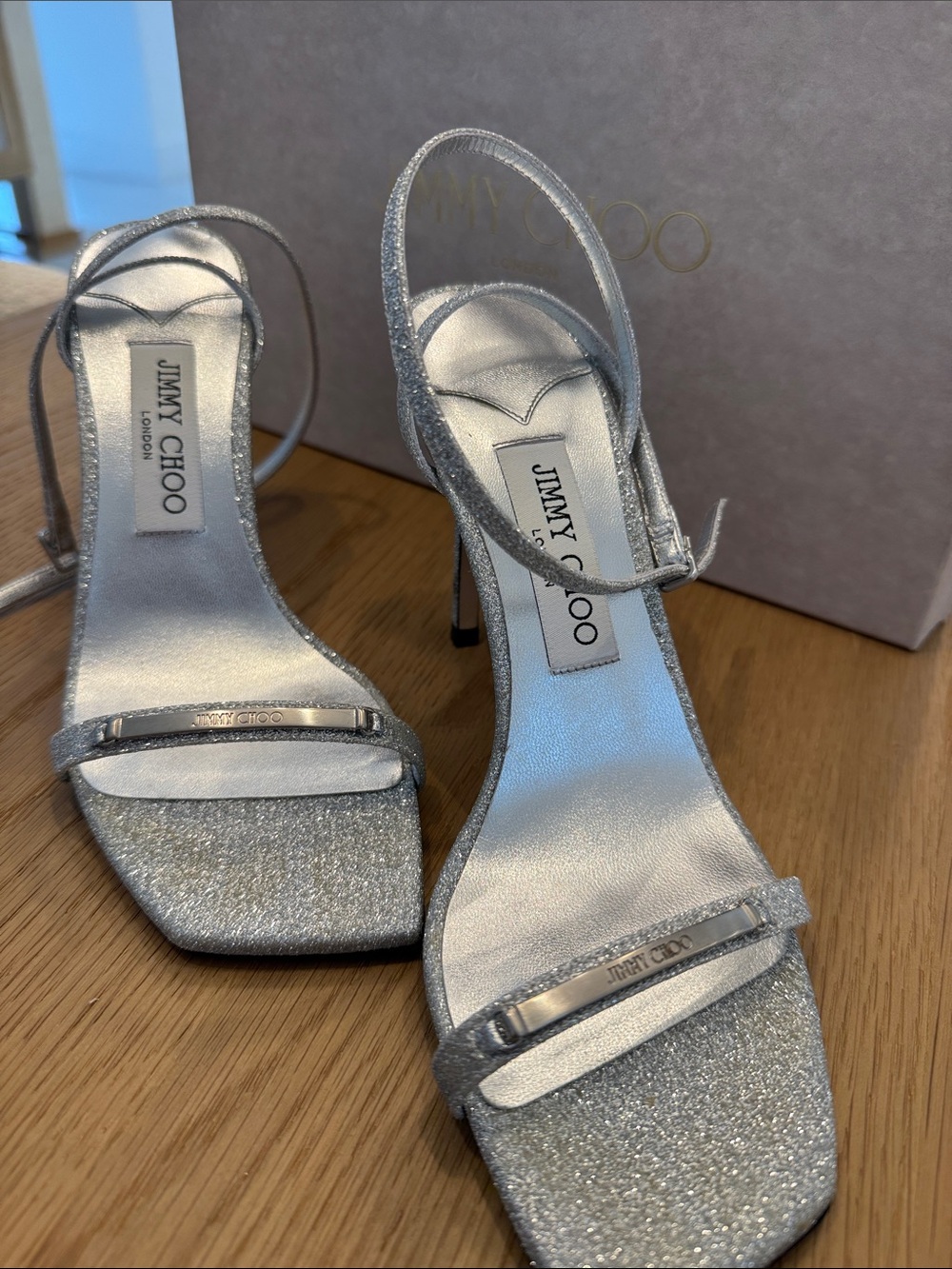 Jimmy Choo Silver Glitter Strappy Slingback Heels